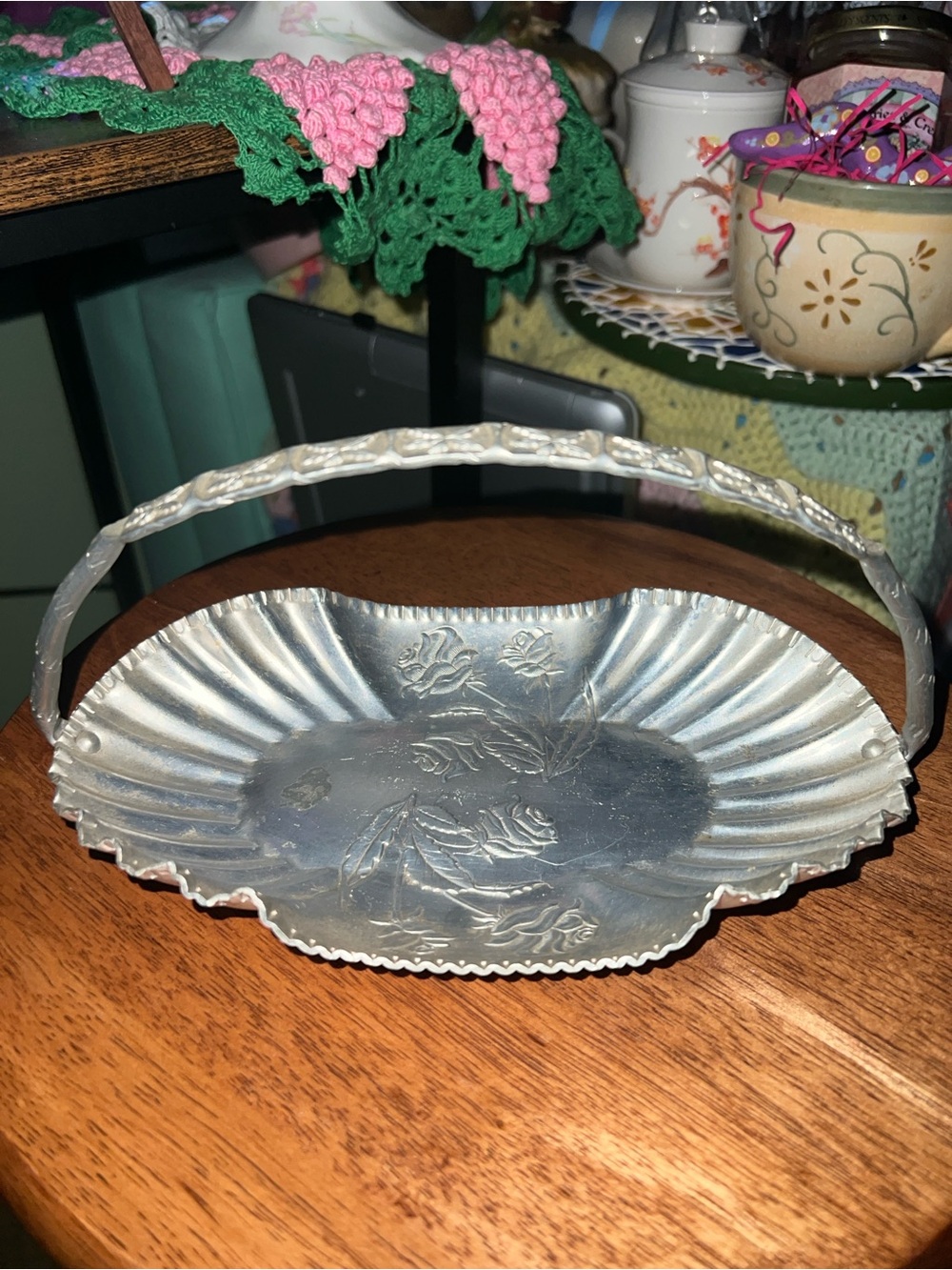 Vintage Farber & Shlevin hand-wrought aluminum basket with embossed roses